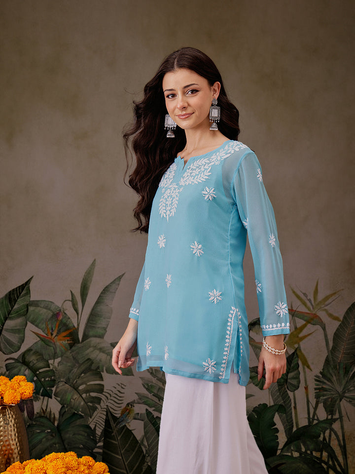 Sky Blue Poly Georgette Boho Tunic with Slip