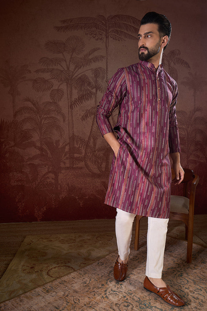 Mens Purple Silk Blend Striped Printed Straight Kurta