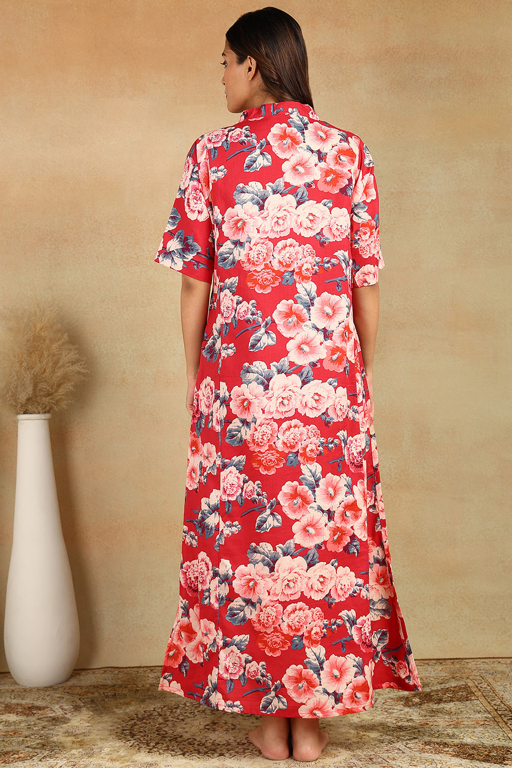 Red-Cotton-Floral-Printed-Kaftan