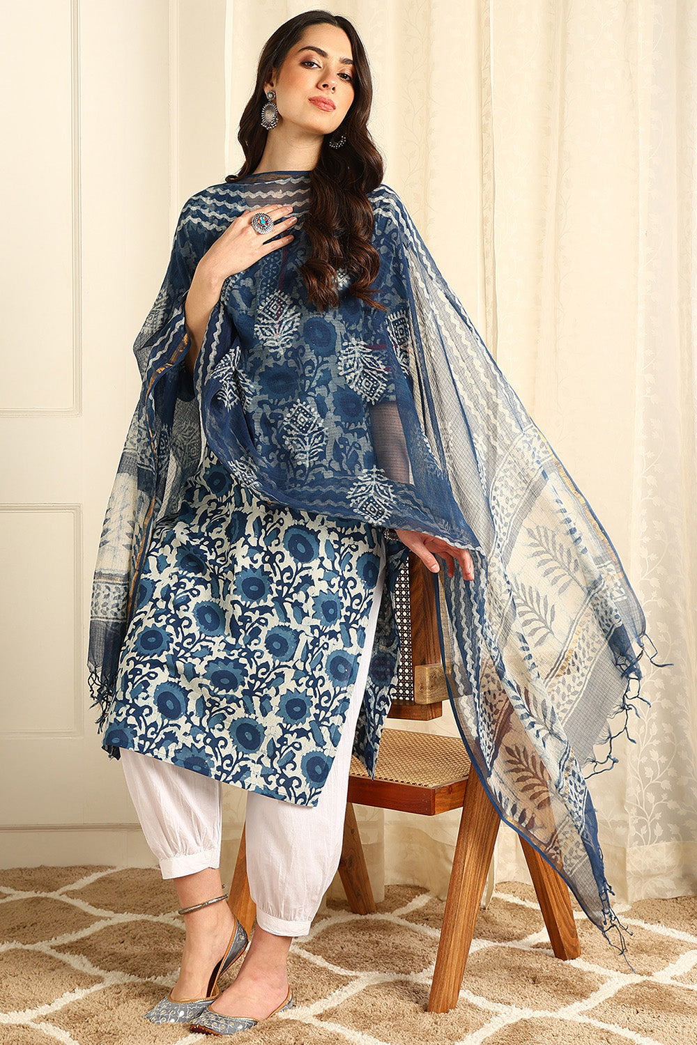 Indigo-Blue-Kota-Doria-Printed-Dupatta