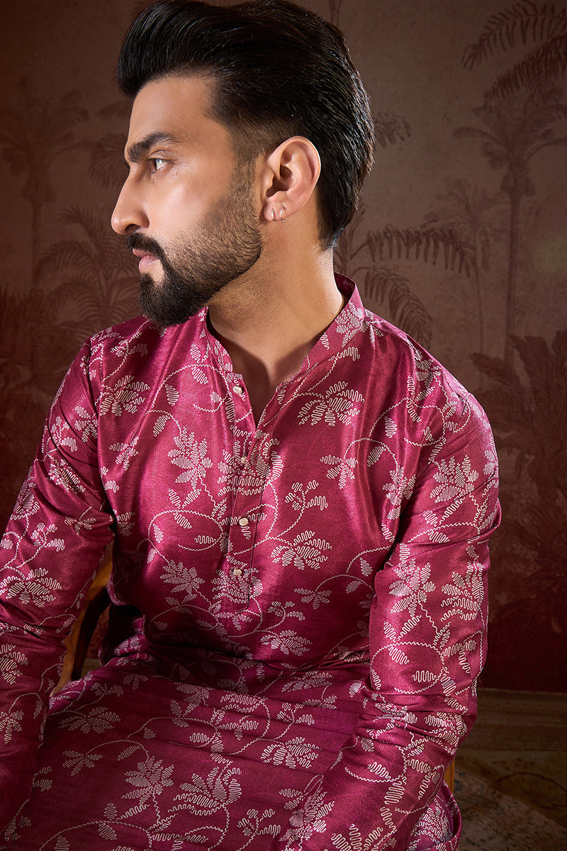 Mens Red Silk Blend Floral Printed Straight Kurta