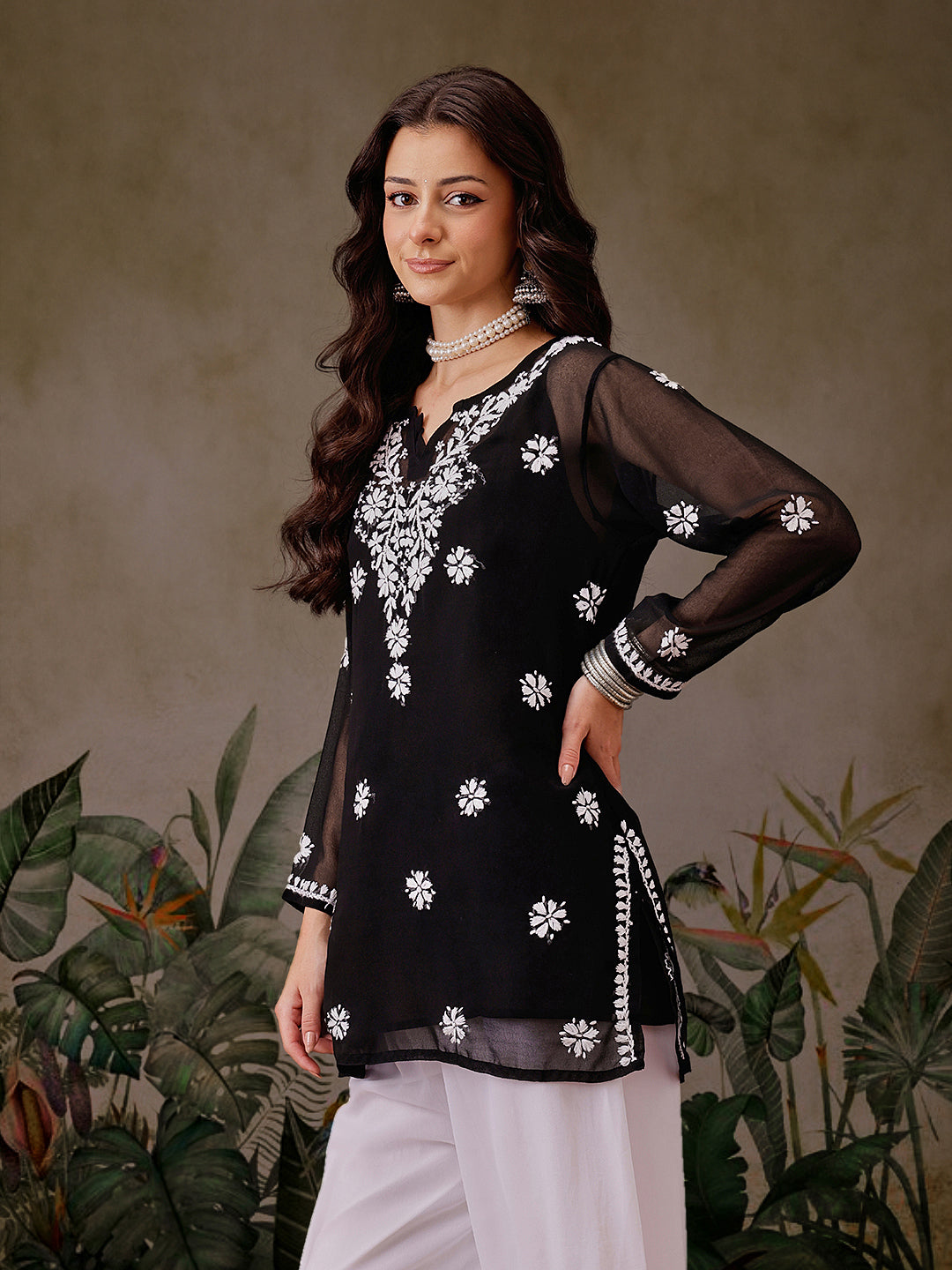 Black Georgette Ghaspatti Chikan Tunic Kurti & Slip