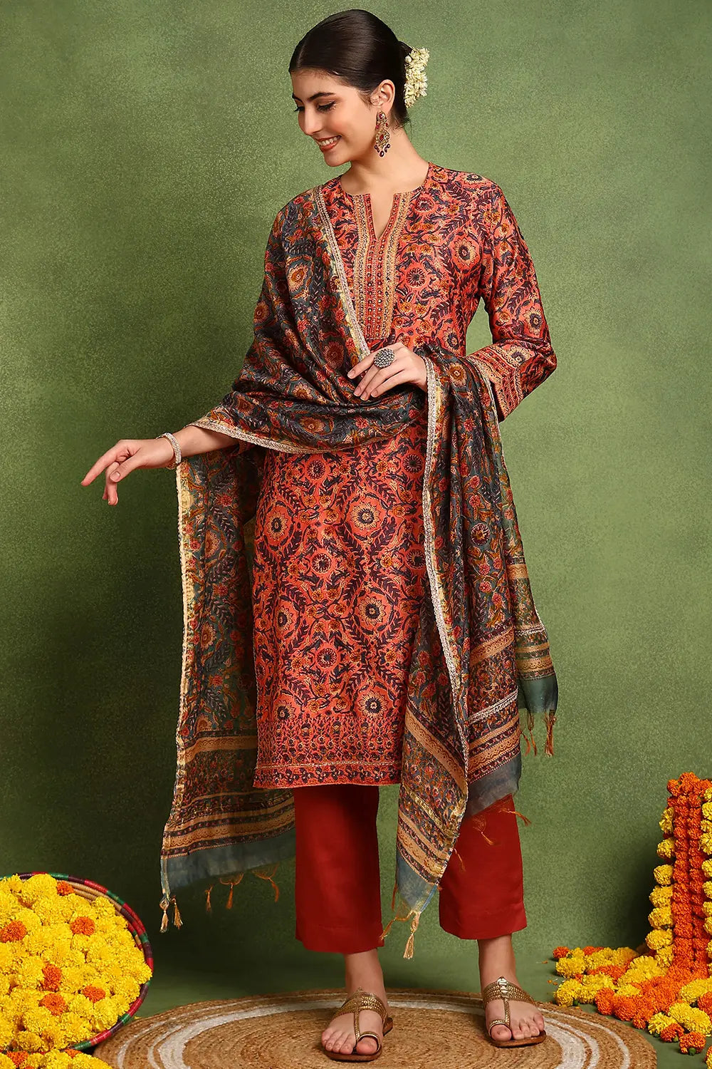 Rust-Chanderi-Silk-Hand-Embroidered-Kurta