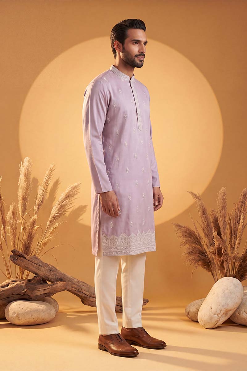 Mens Lavender Silk Blend Solid Embroidered Kurta
