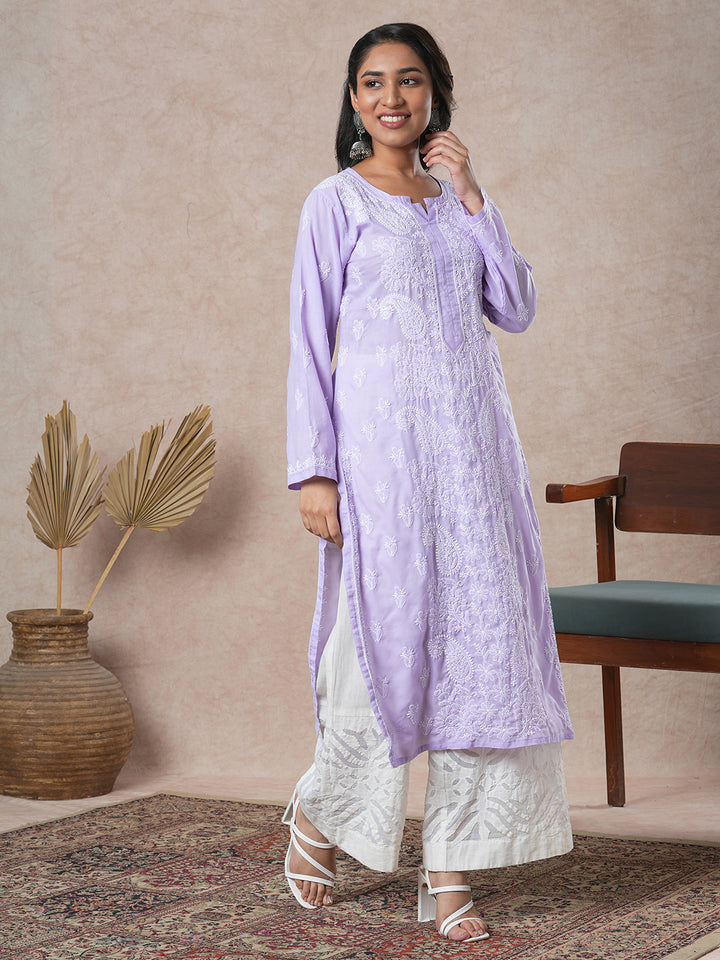 Hand Embroidered Lucknowi Chikankari Mauve & White Cotton Kurta