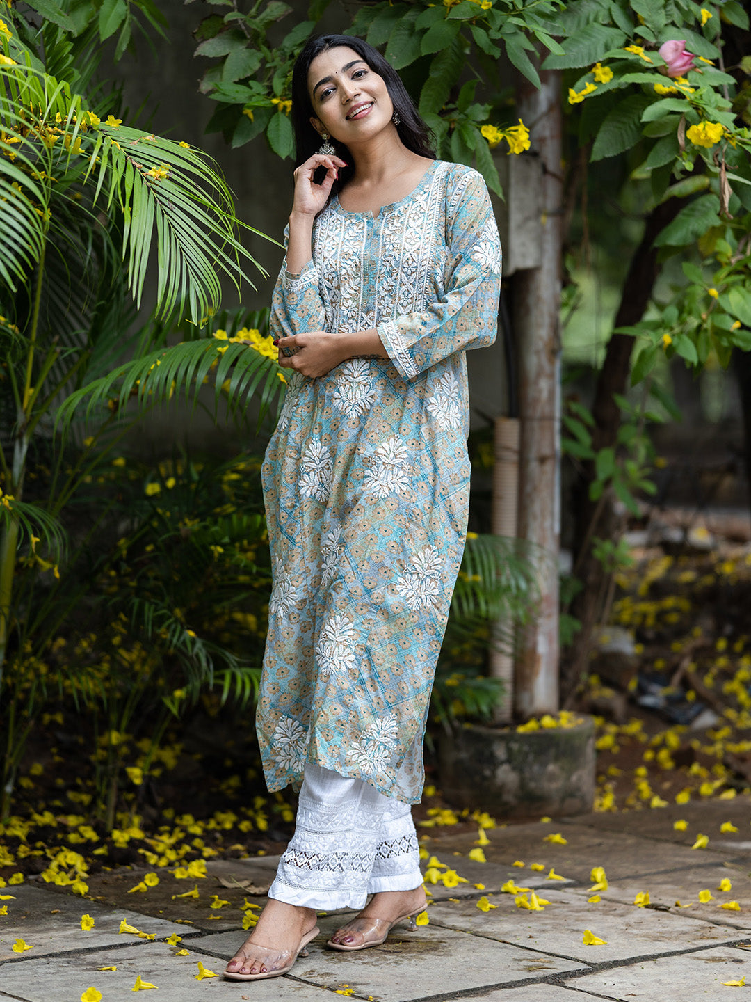 Sea Green & White Mulmul Cotton Embroidery Chikankari Kurta