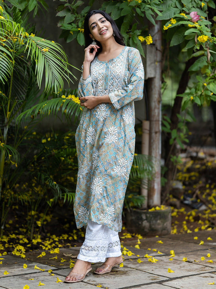 Sea Green & White Mulmul Cotton Embroidery Chikankari Kurta