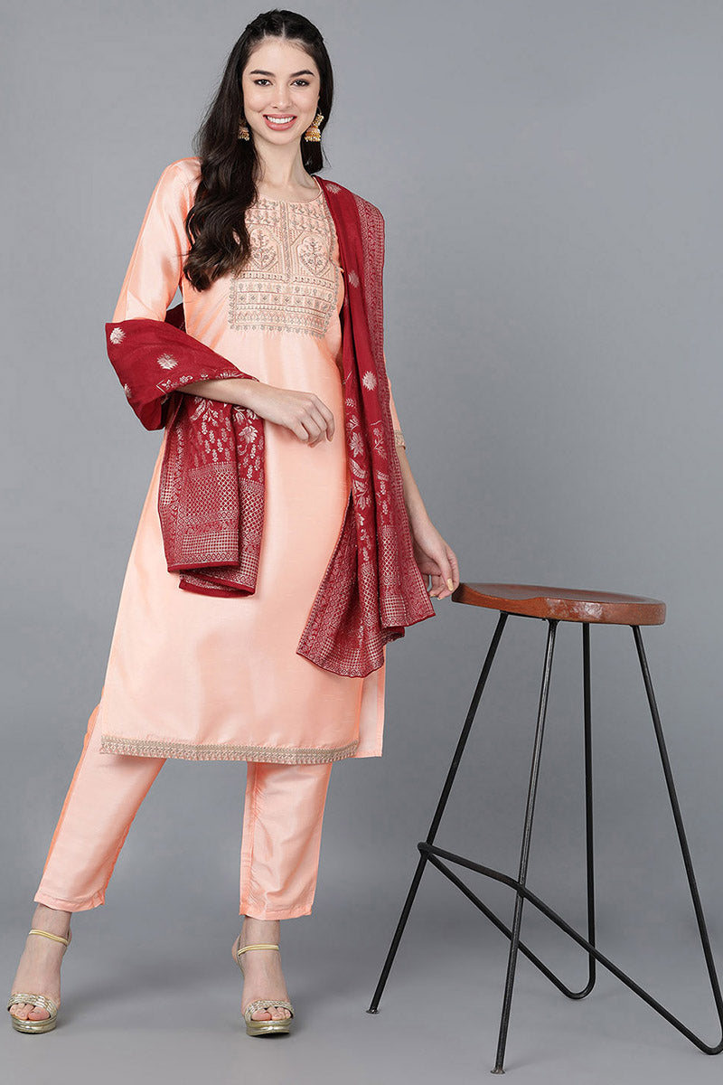 Peach-Poly-Silk-A-Line-3-Piece-Kurta-Set
