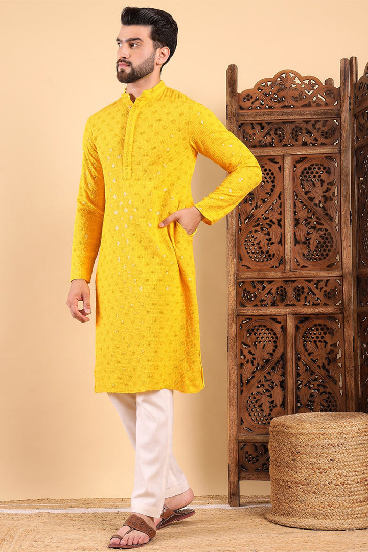 Mens Yellow Viscose Rayon Solid Embroidered Straight Kurta with Trousers