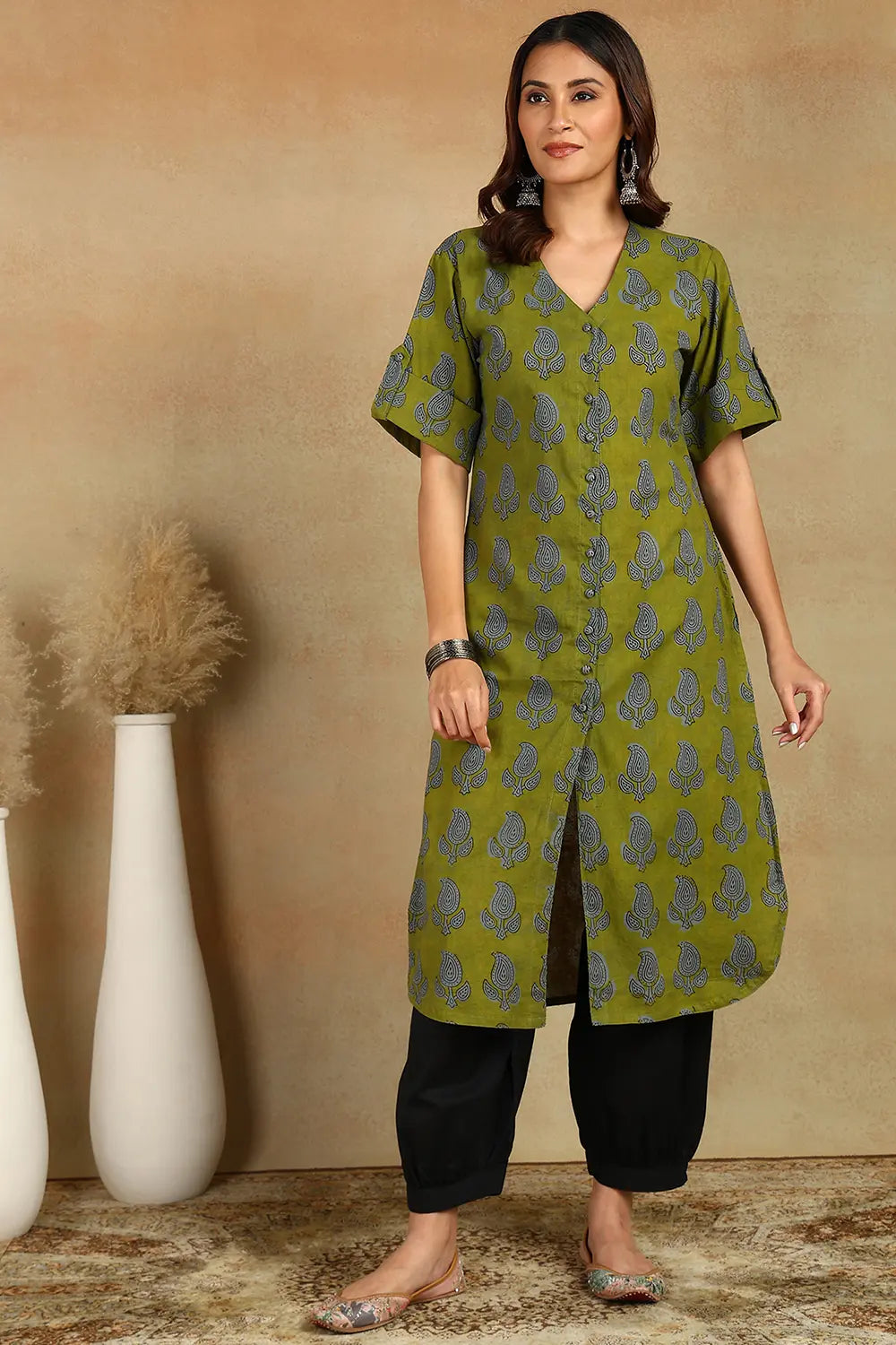 Bottle-Green-Cotton-Hand-Block-Printed-Bagru--Kurta