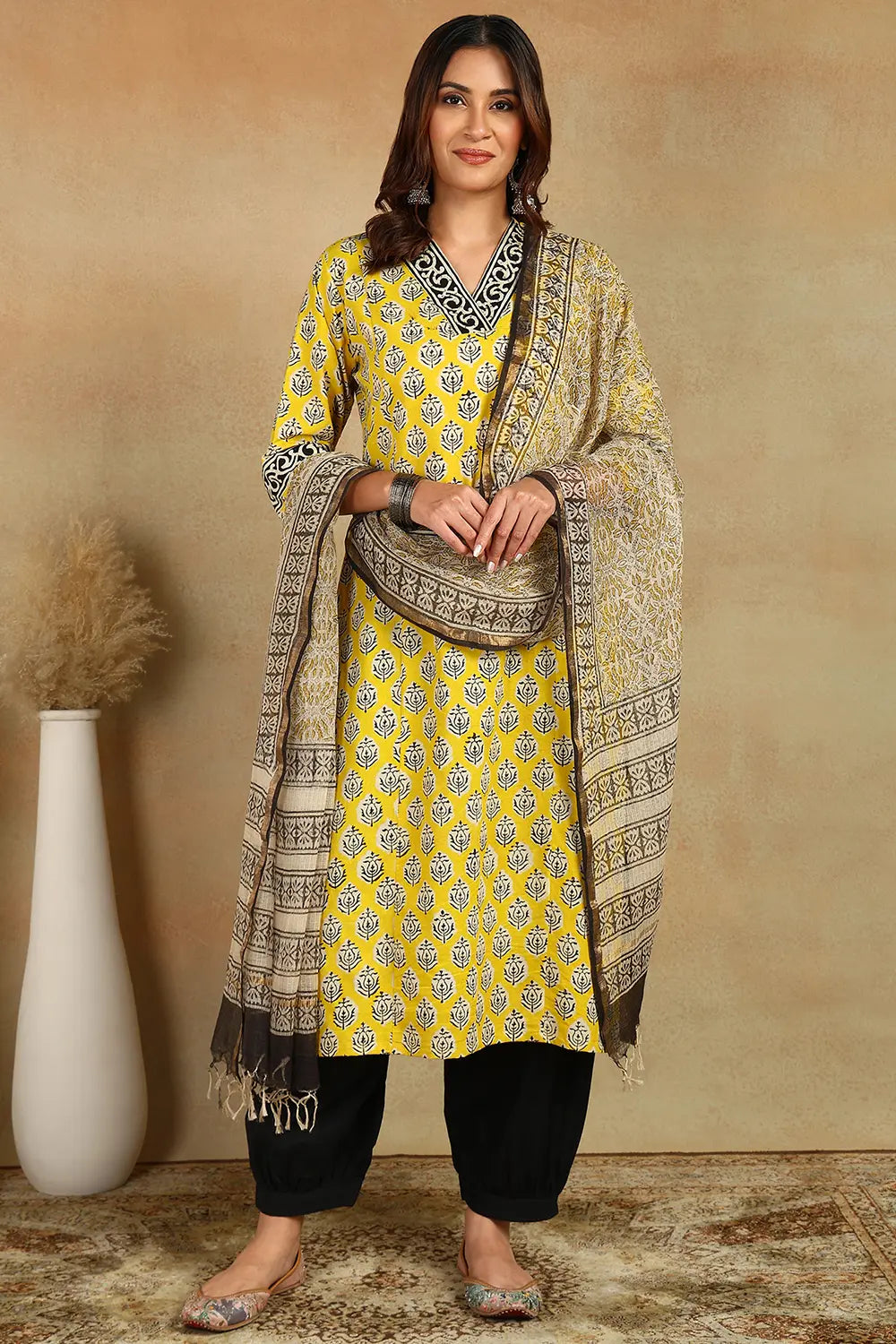 Yellow-Cotton-Hand-Block-Printed-Straight-Bagru-Kurta