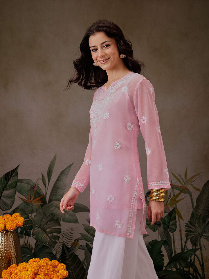 Pastel Pink Poly Georgette Boho Tunic & Slip