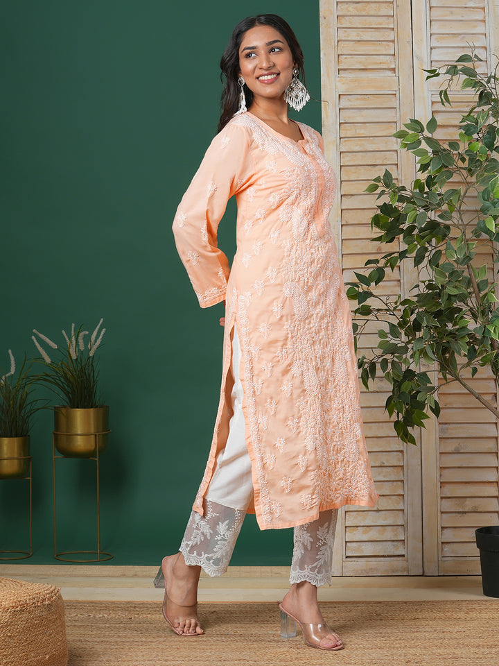 Hand Embroidered Lucknowi Chikankari Peach & White Cotton Kurta