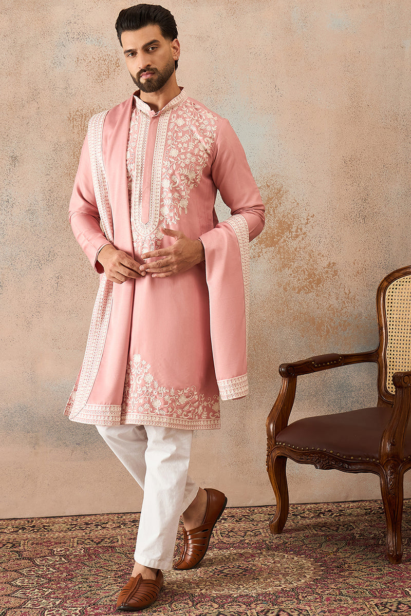 Mens Peach Silk Blend Solid Embroidered Kurta With Dupatta