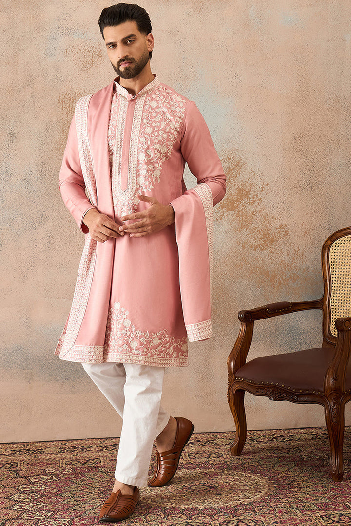 Mens Peach Silk Blend Solid Embroidered Kurta With Dupatta