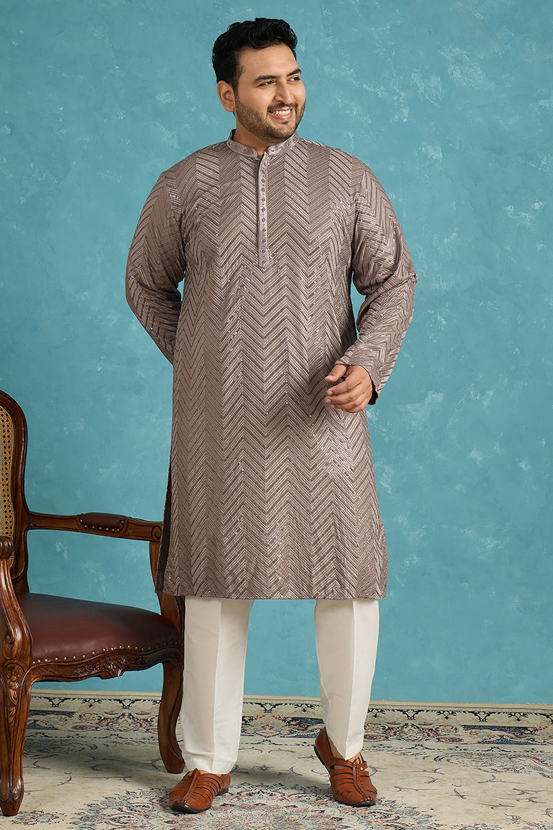 Mens Grey Viscose Rayon Solid Thread Work Embroidered Kurta