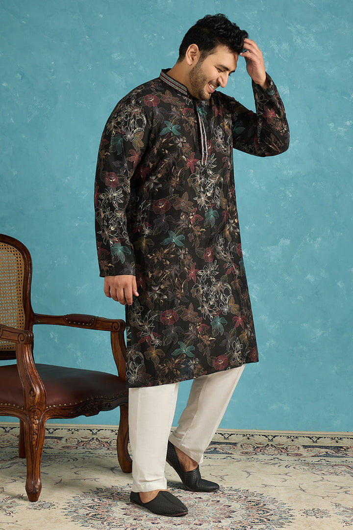 Mens Black Silk Blend Floral Printed Kurta