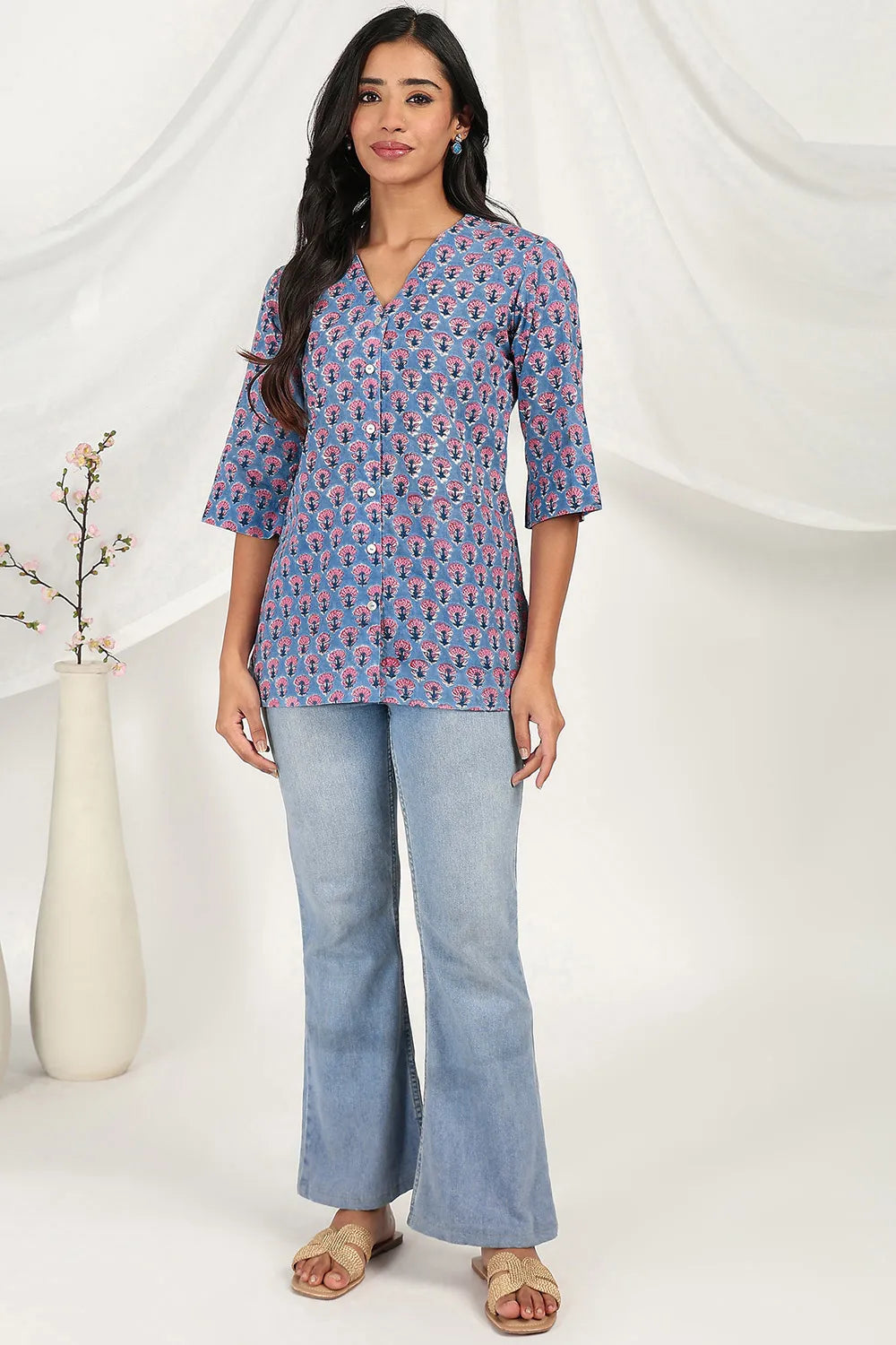 Blue-Cotton-Straight-Sanganeri-Tunic