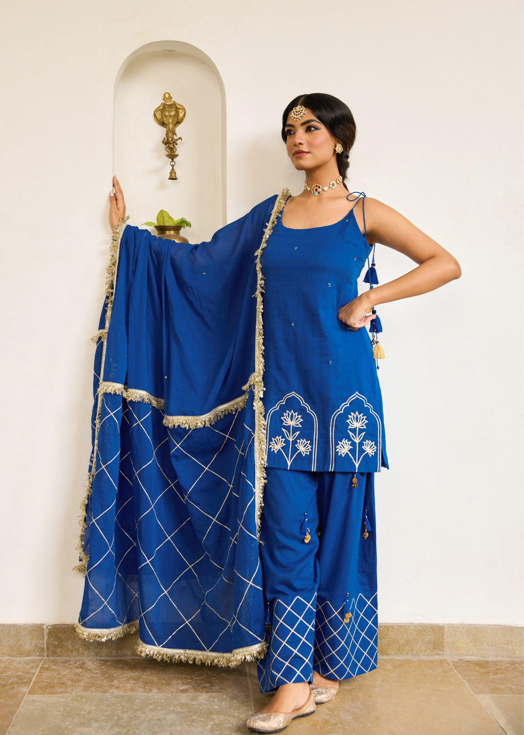 Neer-Blue-Mulmul-Strappy-Kurta-With-Farshi-Shalwar-Set