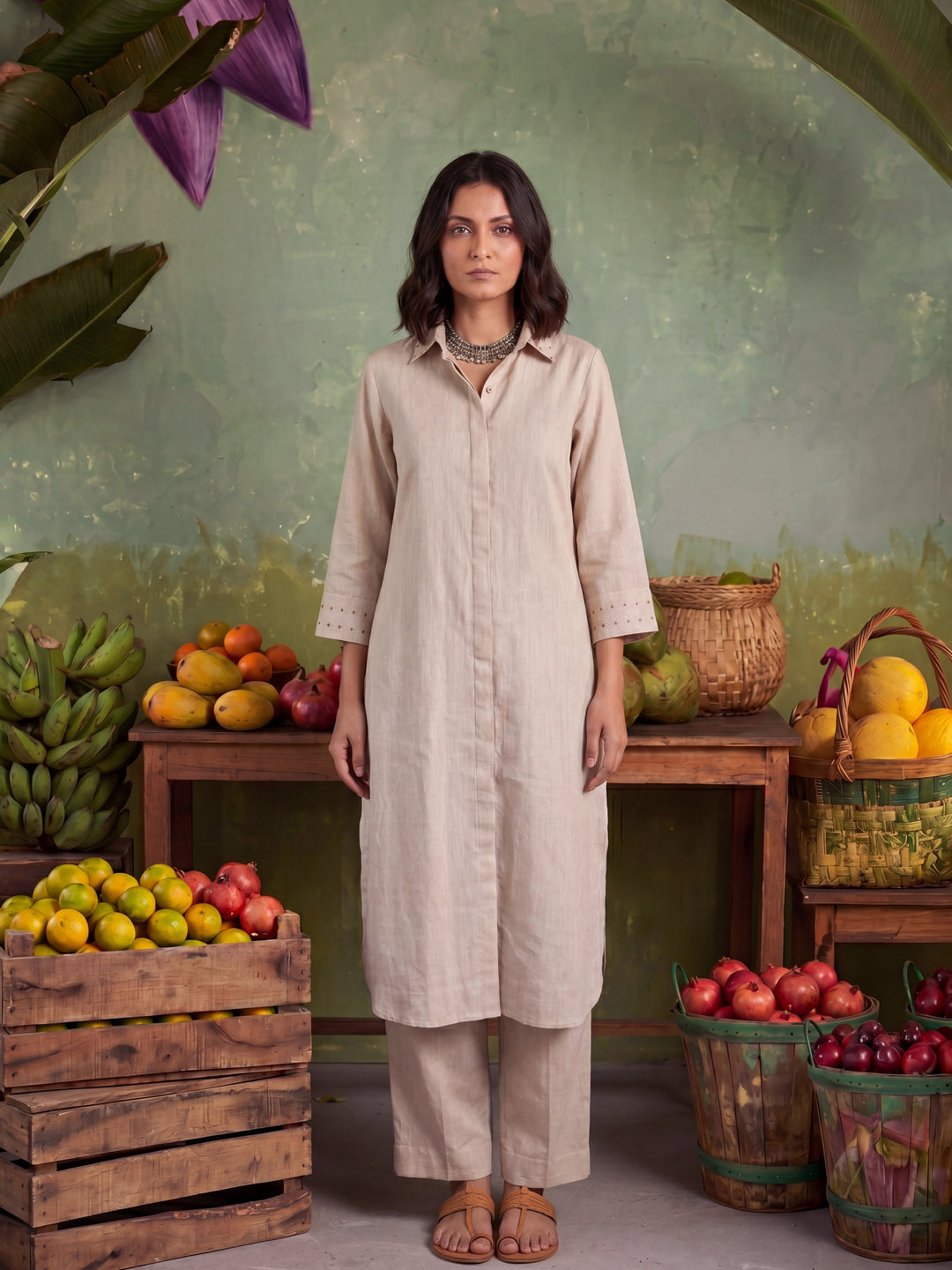 Beige Embellished Long-Line Shirt Co-Ord Set