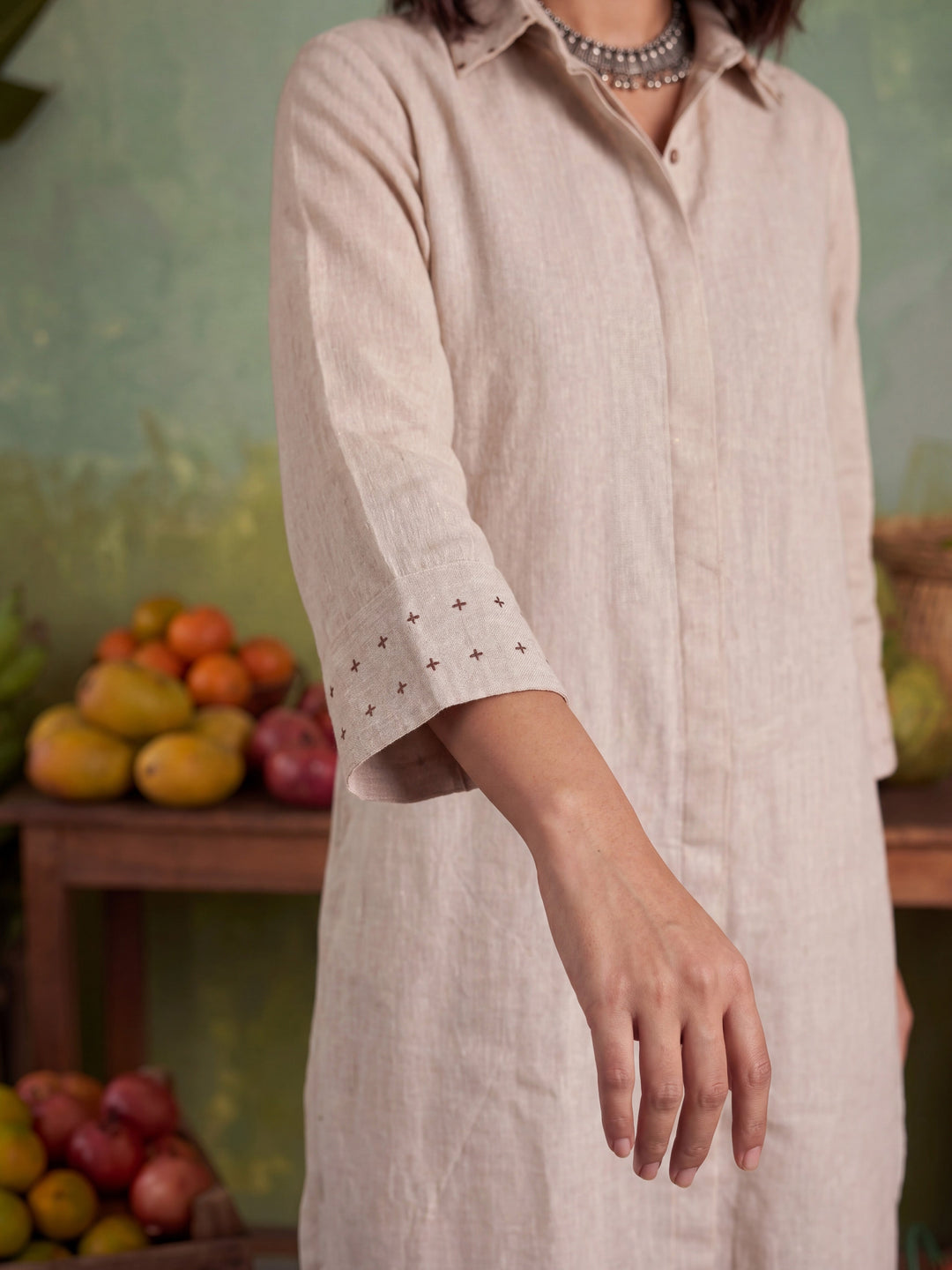 Beige Embellished Long-Line Shirt Co-Ord Set