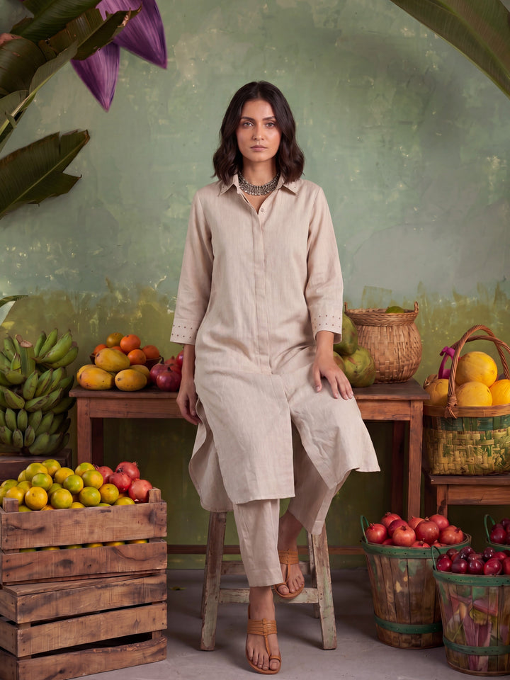 Beige Embellished Long-Line Shirt Co-Ord Set