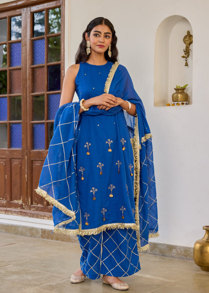 Blue Halter Key Hole Straight Kurta Set