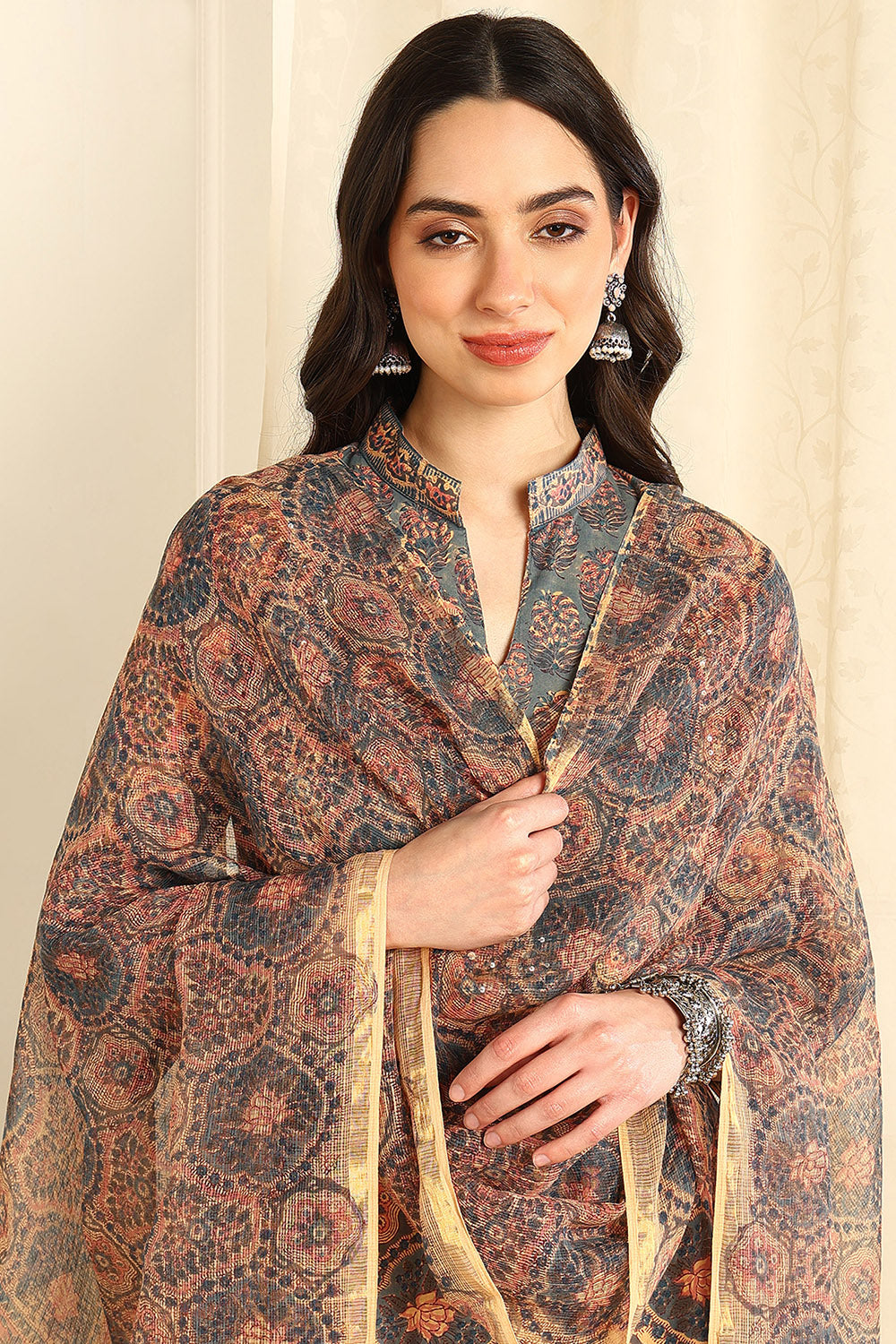 Powder-Blue-&-Beige-Kota-Doria-Printed-Dupatta