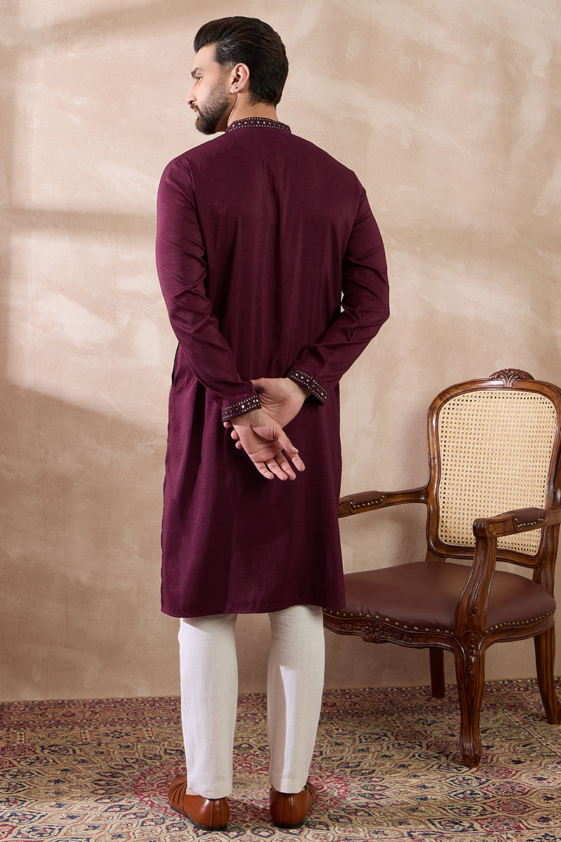Mens Purple Silk Blend Embroidered Mandarin Collar Straight Kurta With Trouser