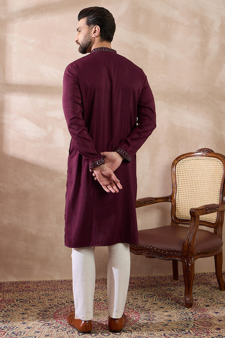 Mens Purple Silk Blend Embroidered Mandarin Collar Straight Kurta With Trouser