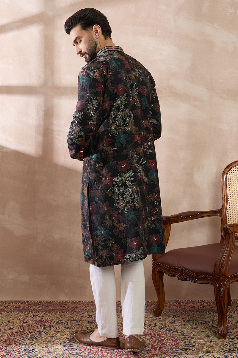 Mens Black Silk Blend Printed Mandarin Collar Straight Kurta