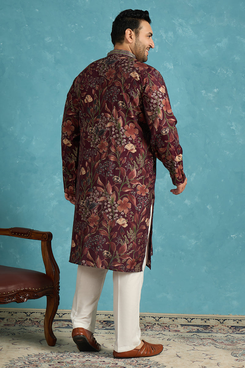Mens Purple Silk Blend Floral Printed Kurta