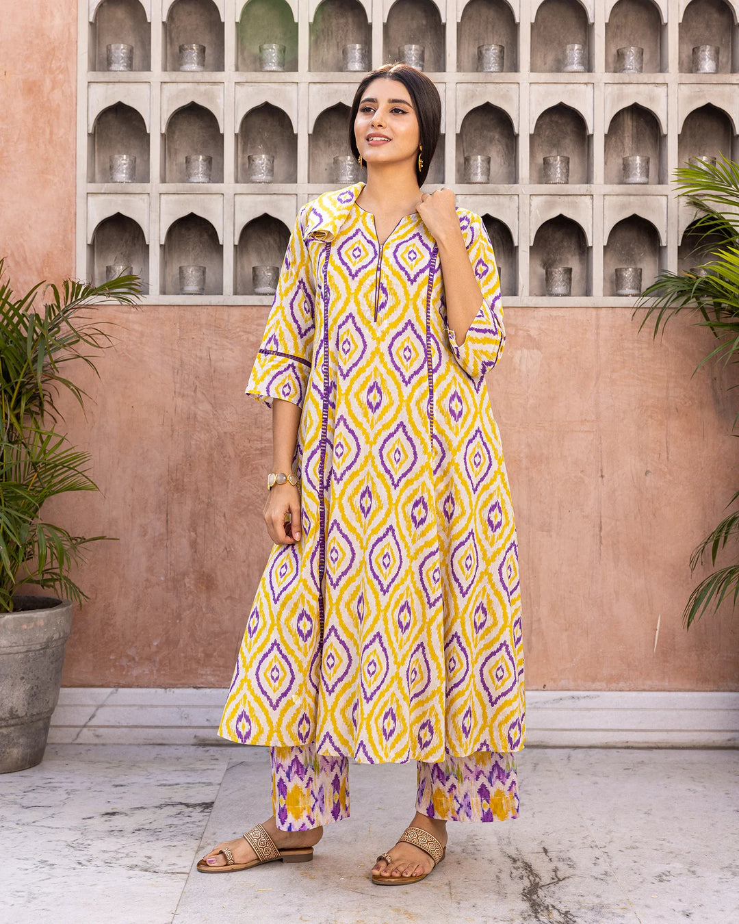 Yellow-Cotton-Ikat-A-Line-2-Piece-Kurta-Set