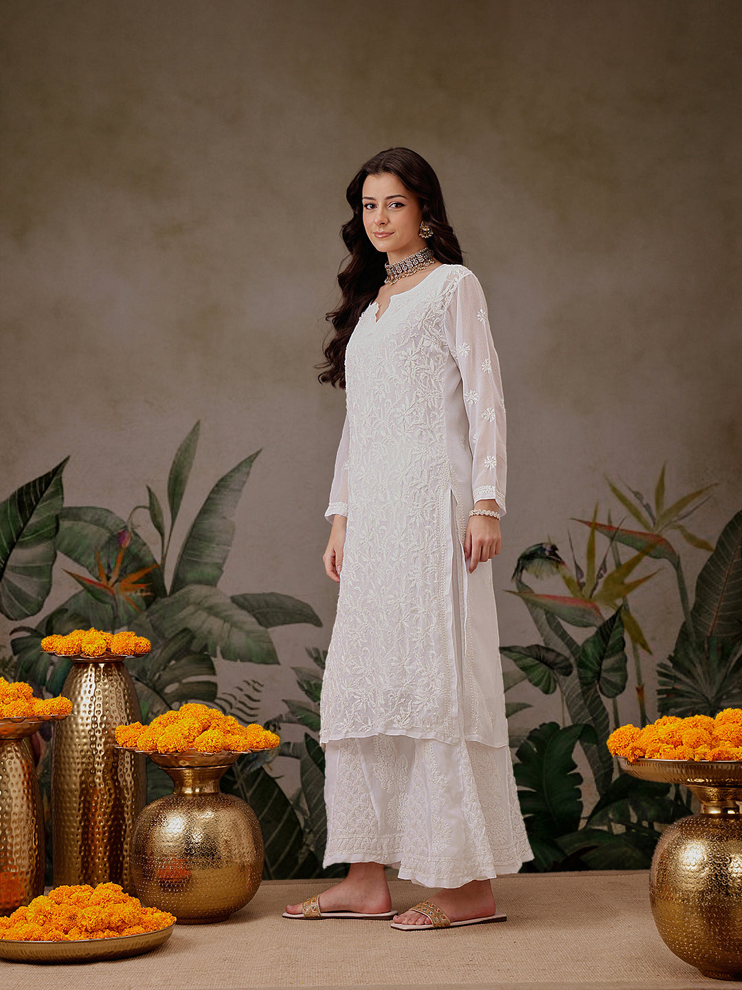 White Georgette Lucknowi Chikankari Kurta Only