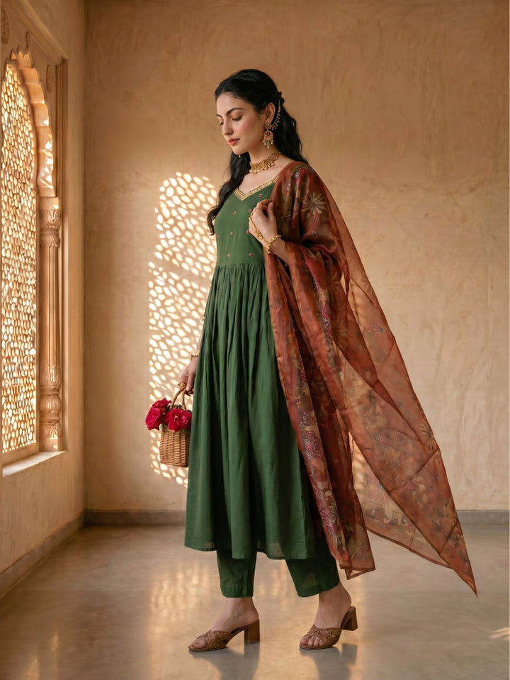 Green suit & pink kalamkari dupatta