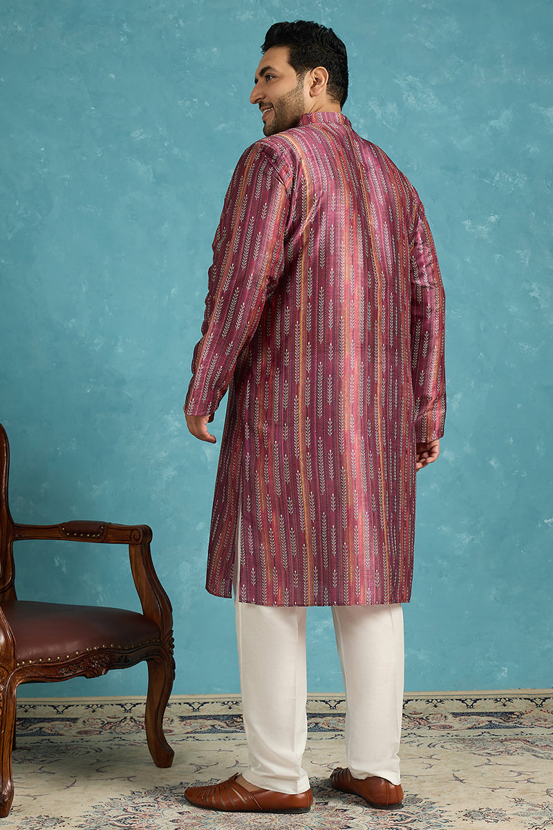 Mens Purple Silk Blend Striped Printed Kurta