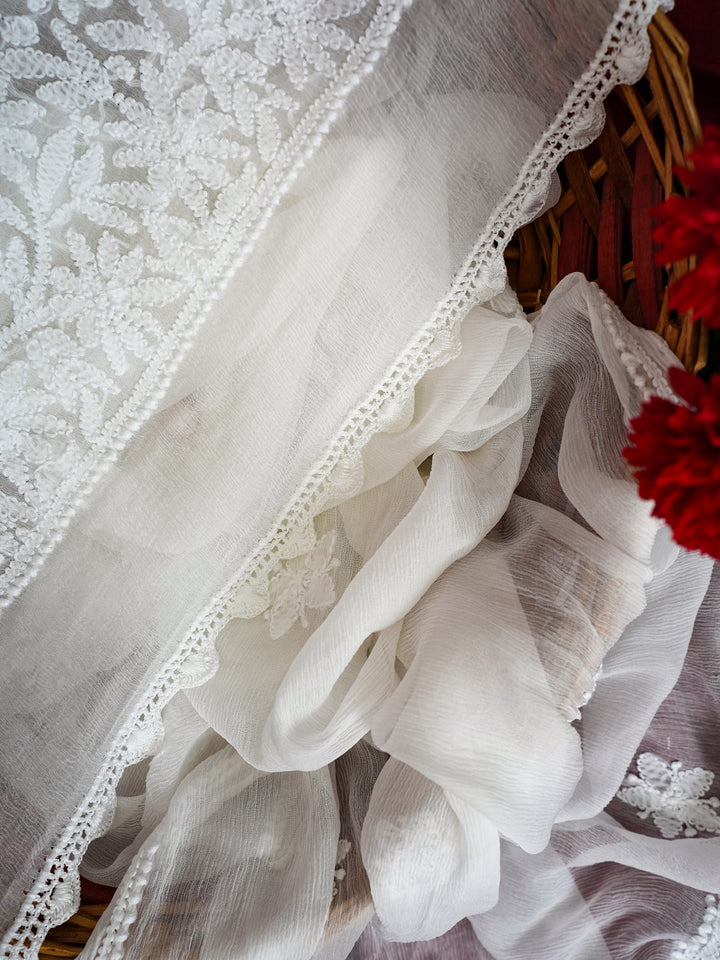 White Chiffon Ethnic Motifs Embroidered Chikankari Dupatta
