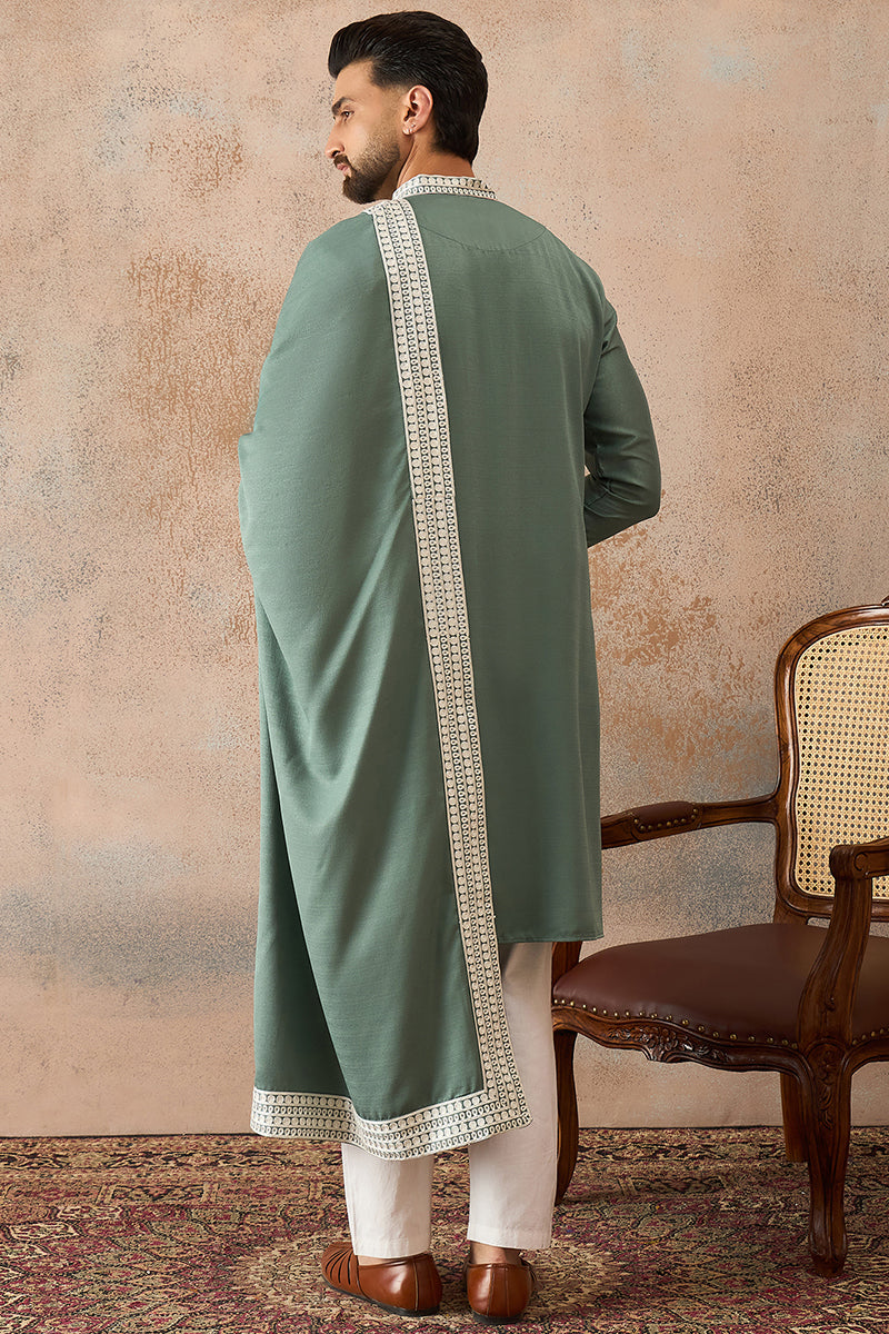Mens Green Silk Blend Solid Embroidered Kurta With Dupatta