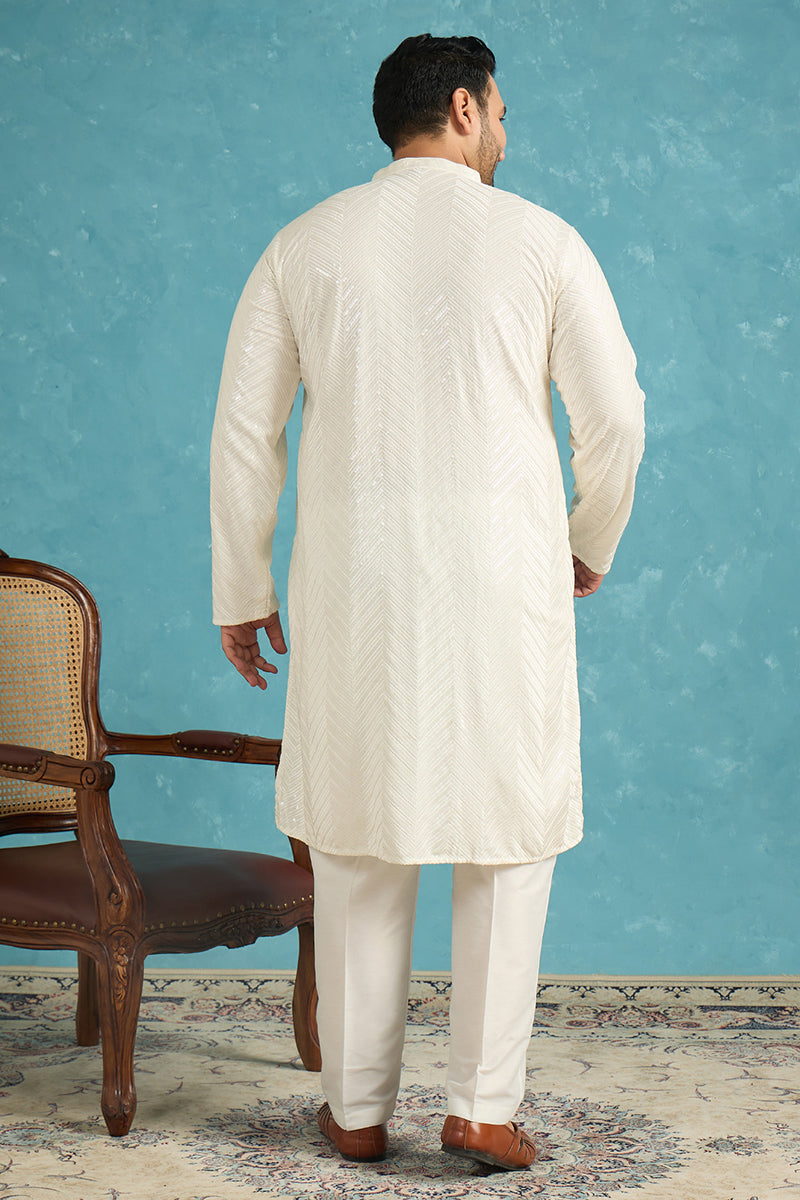 Mens Off White Viscose Rayon Solid Sequins Embroidered Kurta