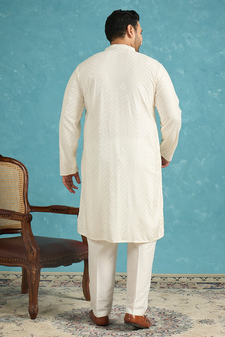 Mens Off White Viscose Rayon Solid Sequins Embroidered Kurta