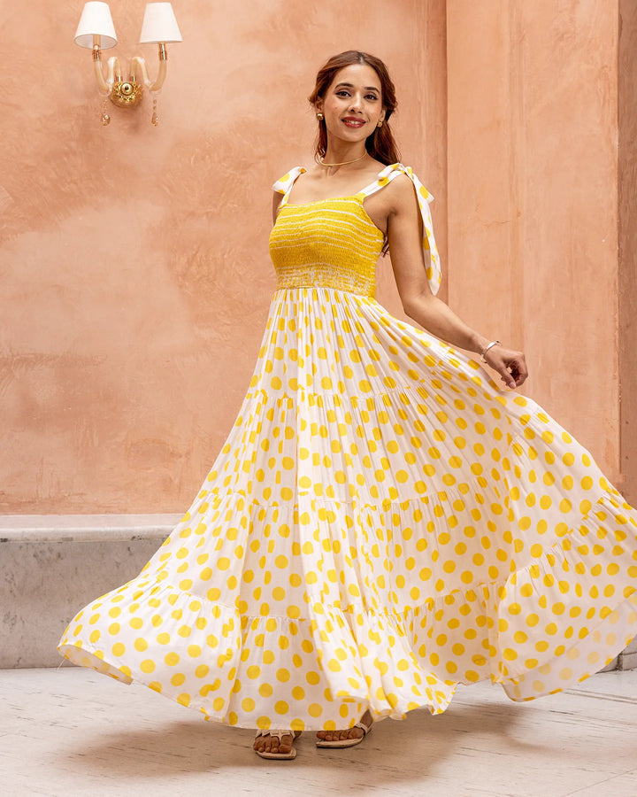 Yellow-Rayon-Smocked-&-Polka-Maxi-Dress