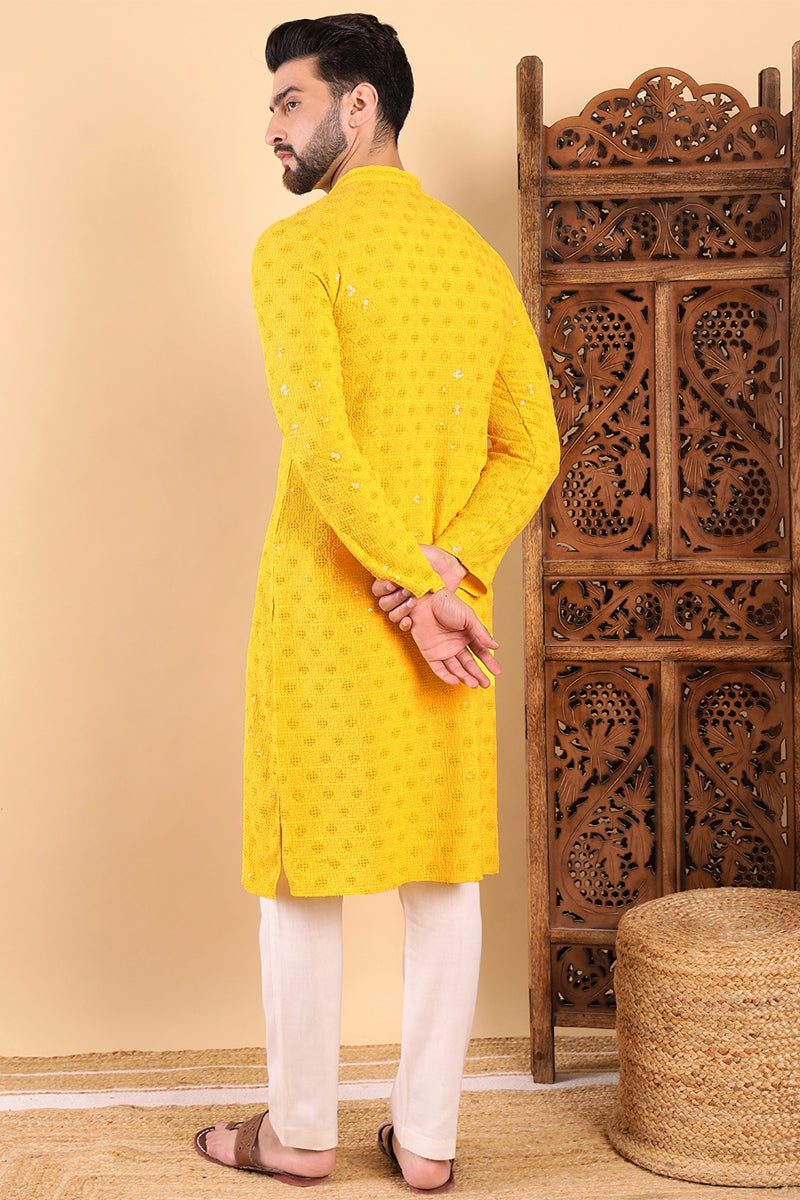 Mens Yellow Viscose Rayon Solid Embroidered Straight Kurta with Trousers