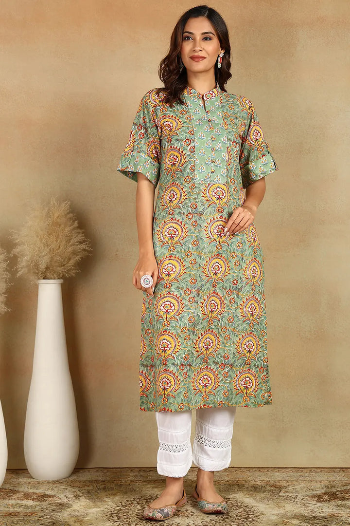 Green-&-Yellow-Cotton-Hand-Block-Printed-Half-Sleeves-Kurta