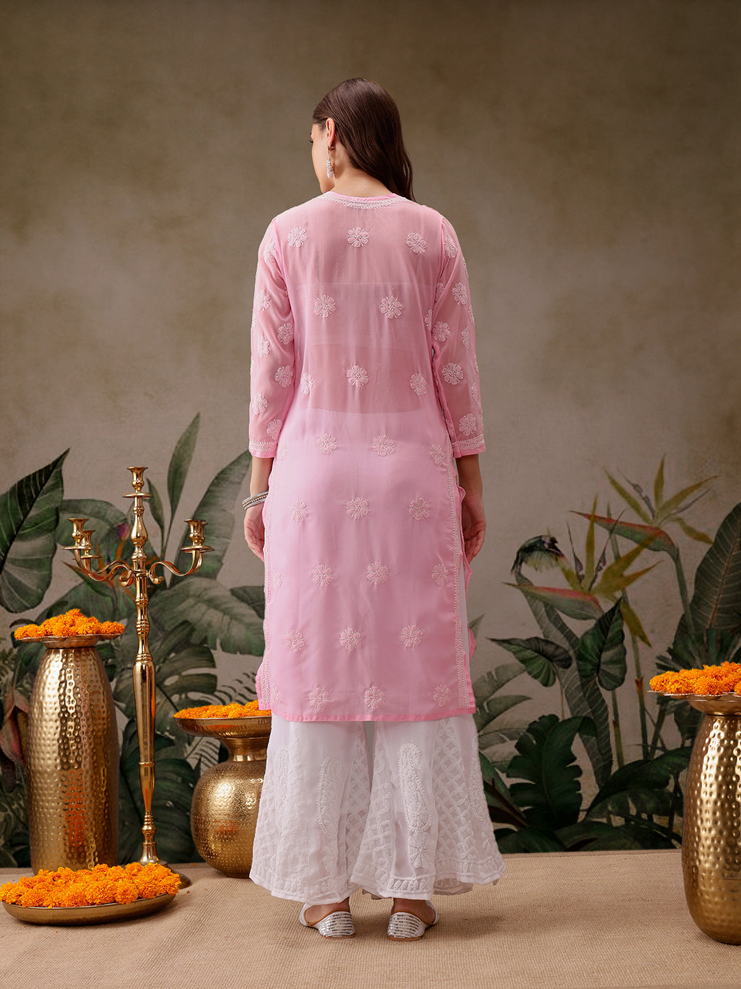 Baby Pink Faux Georgette Chikan Kurti