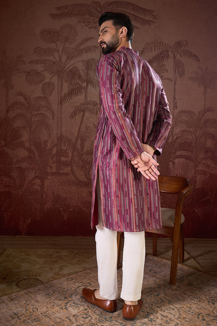 Mens Purple Silk Blend Striped Printed Straight Kurta