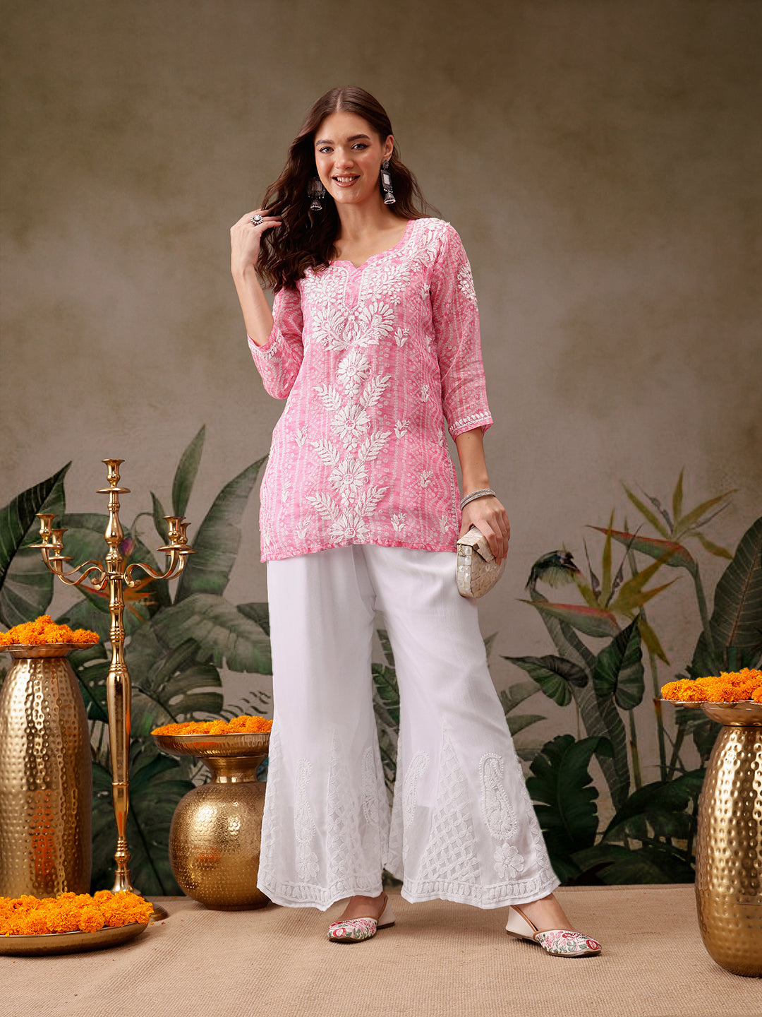 White Georgette Flared Chikankari Embroidered Palazzo