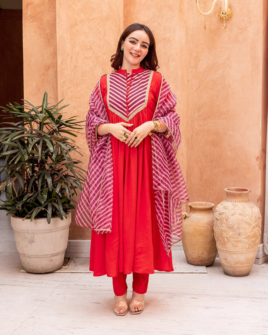Red-Rayon-Stripe-Print-&-Gota-Gathered-3-Piece-Kurta-Set
