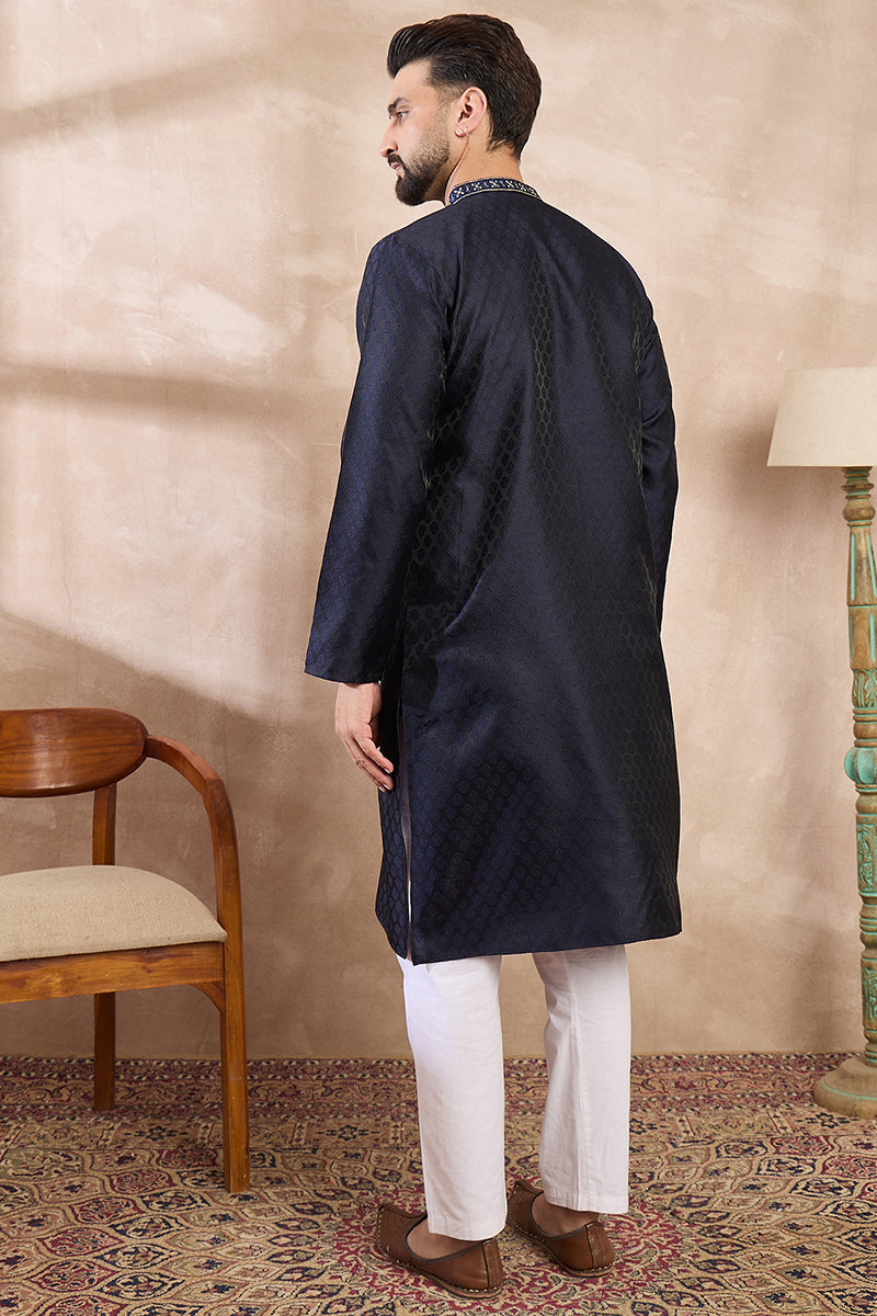 Mens Navy Blue Silk Blend Solid Woven Design Straight Kurta