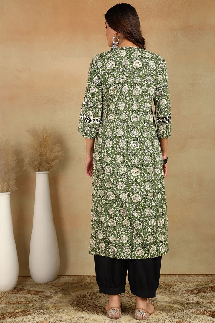 Green-&-Black-Cotton-Hand-Block-Print-Straight-Bagru-Kurta