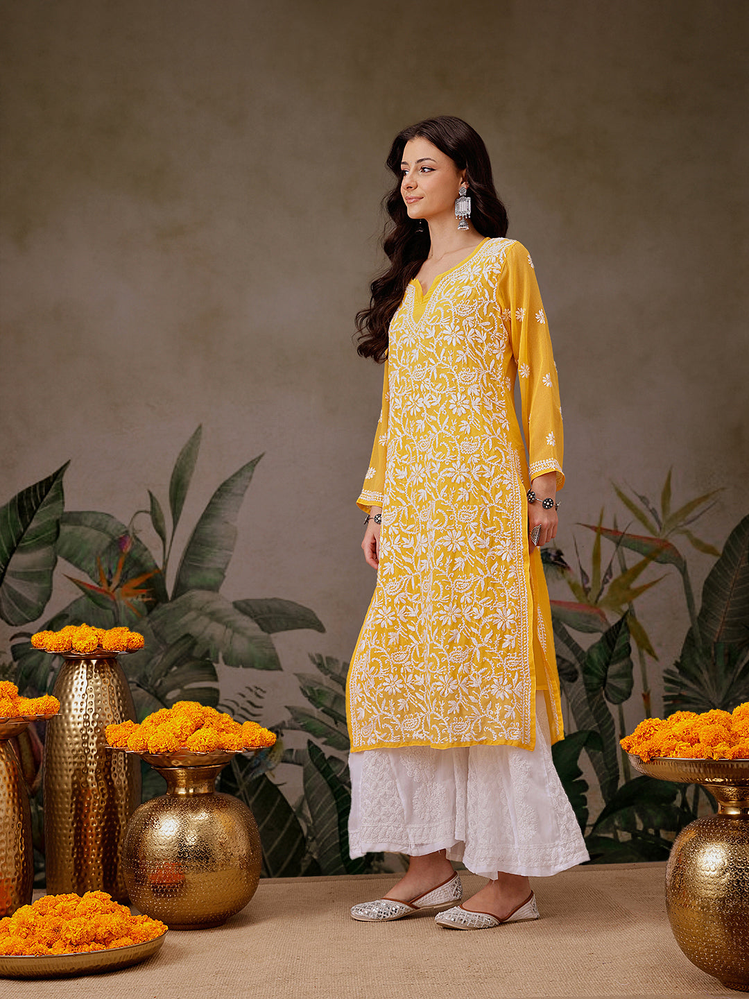 Amber Georgette Chikan Straight Long Kurta